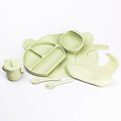 Дитячий набір силіконового посуду для годування дитини 7 предметів Оливковий