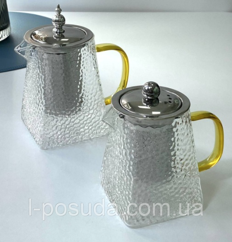 Скляний чайник для заварювання з позолоченою ручкою Піраміда з металевим ситом 550 мл, фото 1