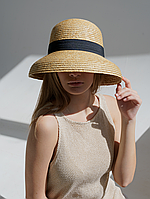 Солом'яний капелюх "Коко" жорсткий літній з круглими полями бежевий з чорною стрічкою