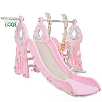 Пластикова дитяча гірка-гойдалка з баскетбольним кільцем Bambi WM19011-8 Сіро-рожева