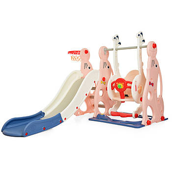 Дитяча гірка-гойдалка з баскетбольним кільцем та музикою Bambi WM19020-8 Персиково-синій