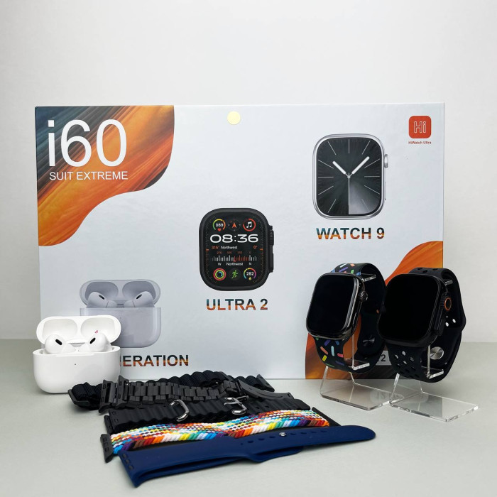 Розумний смарт годинник з бездротовими навушниками I60 Ultra 2 + Watch 9 + Pro 2 bluetooth з ремінцями Чорний