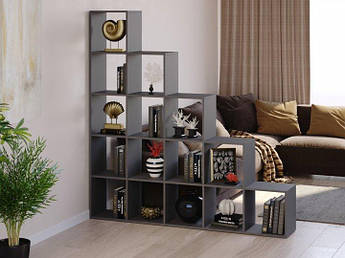 Стелаж перегородка для дому, стелаж пристінний, книжкова шафа з ДСП 15 відділень, Антрацит