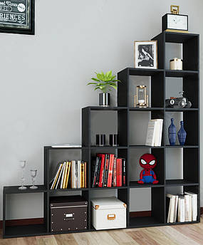 Книжковий стелаж для дому, драбинка, книжкова шафа з ДСП 15 відділень, Чорний