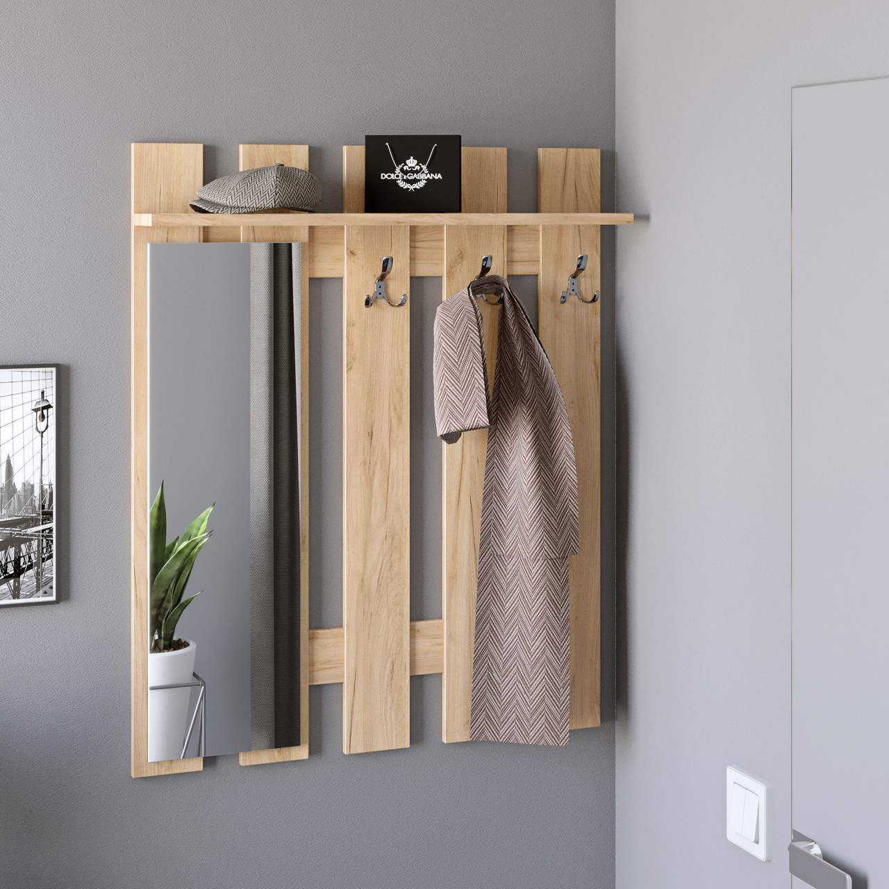 Вішалка настінна з дзеркалом Еверест Ліберті 90x15.2x110 см дуб крафт золотий (DTM-2629), фото 1