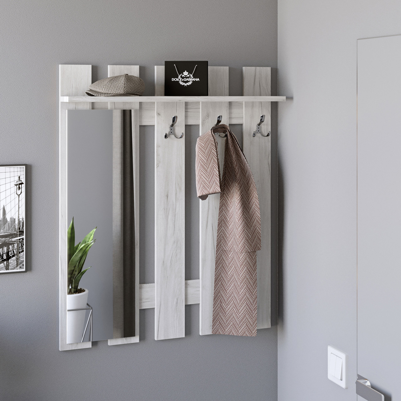 Вішалка настінна з дзеркалом Еверест Ліберті 90x15.2x110 см дуб крафт білий (DTM-2630), фото 1