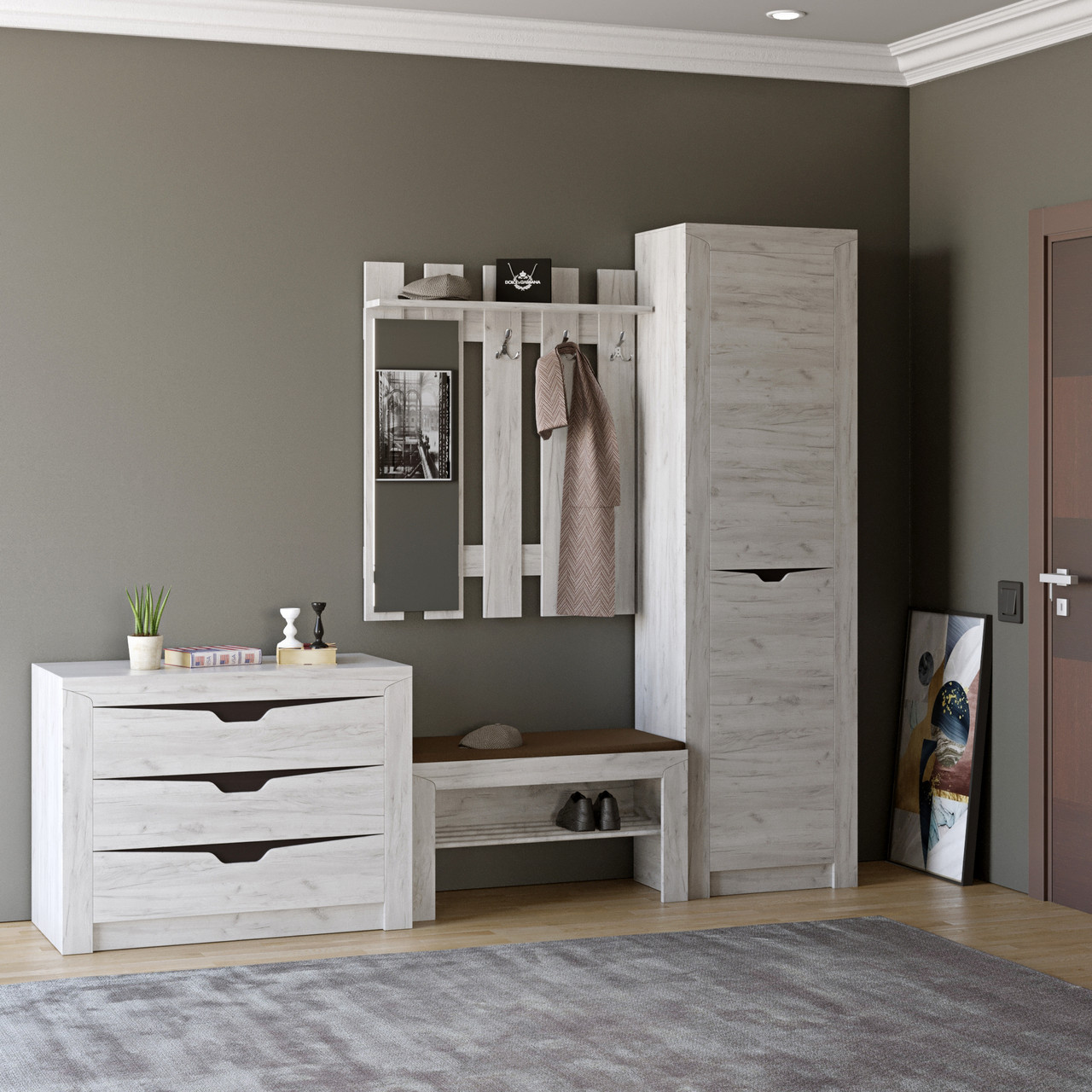 Передпокій Еверест Ліберті 4 (модульний - 5 елементів) шафа-пенал лівий, дуб крафт білий (DTM-2533), фото 1