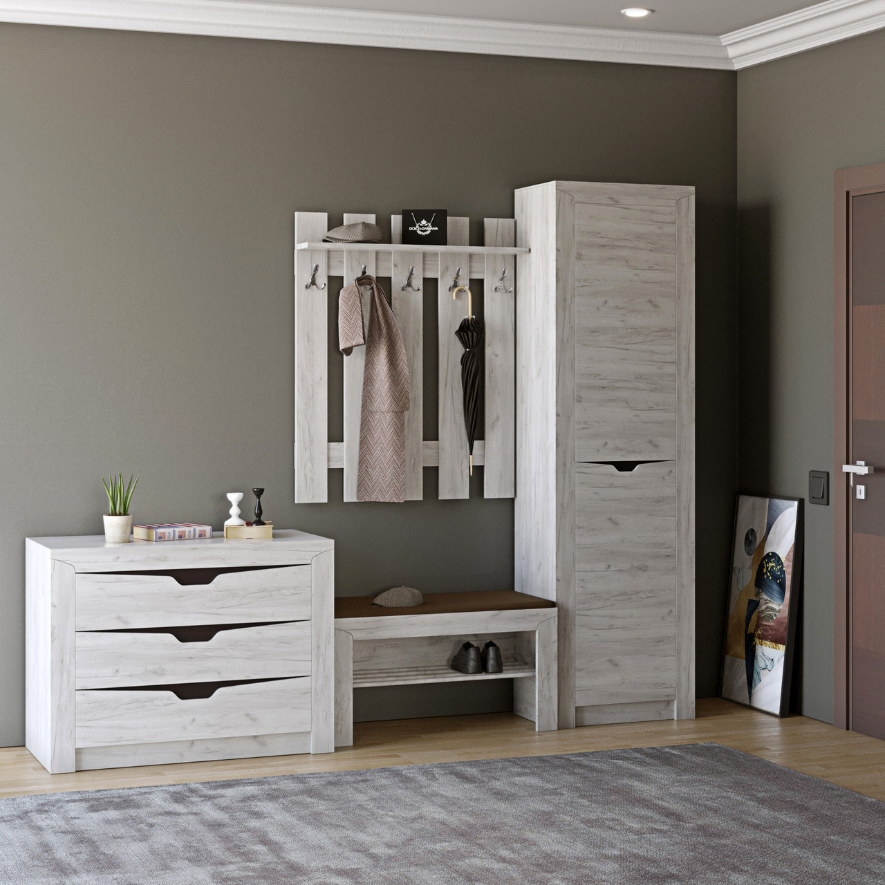 Передпокій Еверест Ліберті 5 (модульна - 4 елементи) шафа-пенал правий, дуб крафт білий (DTM-2536), фото 1