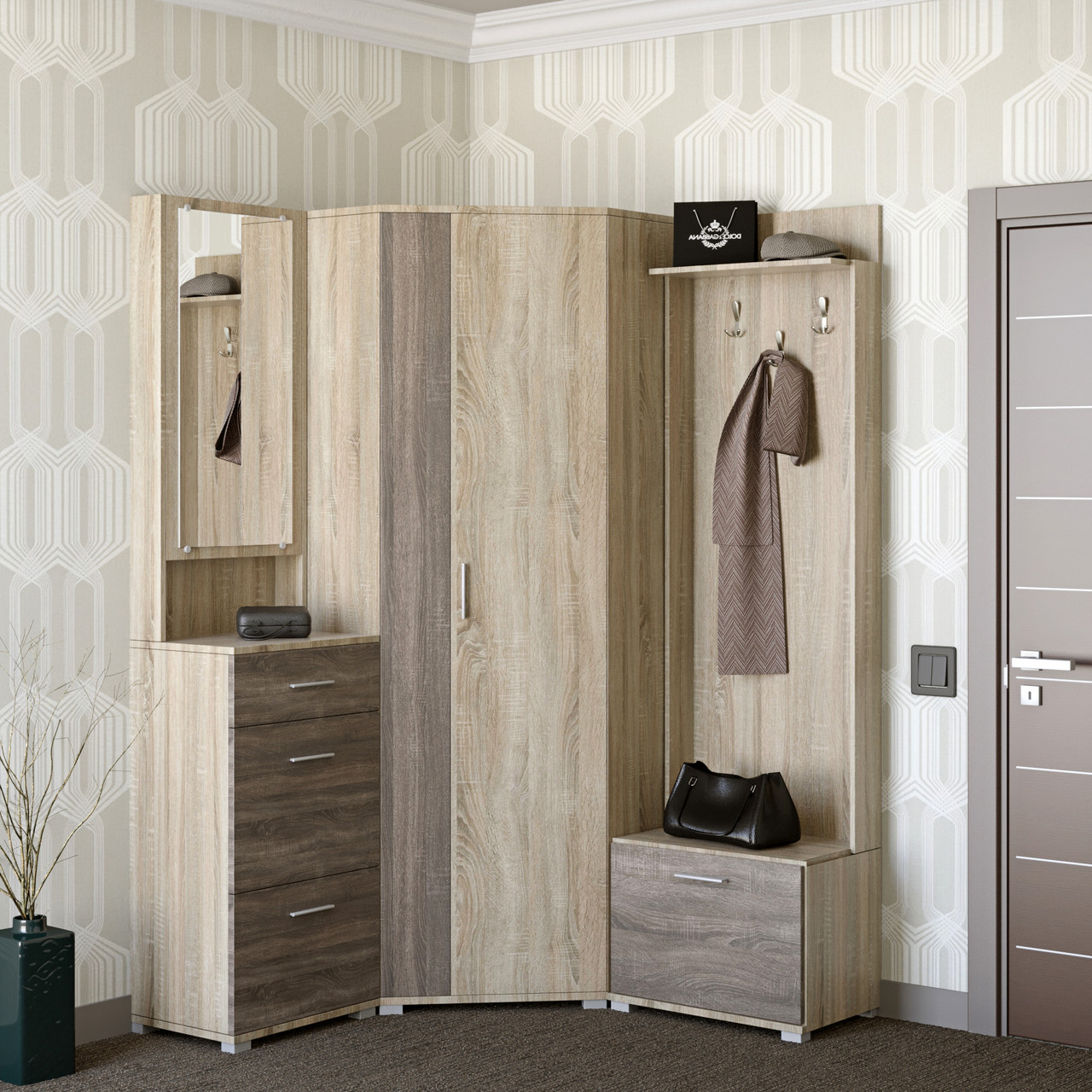 Передпокій Еверест Бриз-3 з кутовою шафою ШКУ-14 (3 елементи) сонома + трюфель (DTM-2657), фото 1