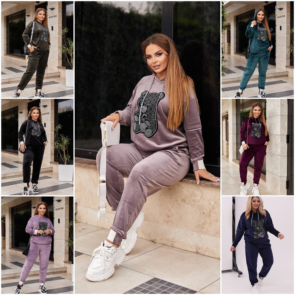 Спортивний жіночий костюм з велюру штани з карманами та кофта з капюшоном великих розмірів
