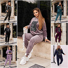 Спортивний жіночий костюм з велюру штани з карманами та кофта з капюшоном великих розмірів