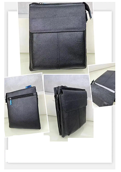 Чоловіча чорна сумка 23*19 см на блискавці з кишенею та довгим ремінцем з натуральної шкіри Zhenya