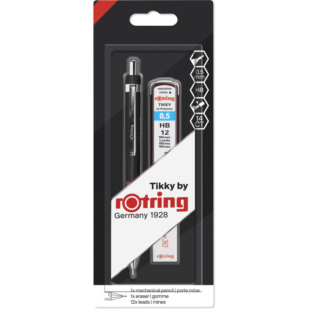 Подарунковий набір Rotring TIKKY Black PCL 0,5 + Грифелі 0,5 мм HB (12) + Густик Tikky 30 блістер R1904817, фото 1