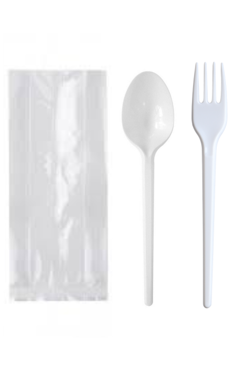 Набір приладів прозорий (ложка + виделка) білі в індивідуальній упаковці № 36, упаковка 100 шт.