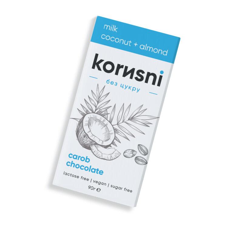 Молочний шоколад без цукру Мигдаль Кокос ТМ “korusni”, 90 г