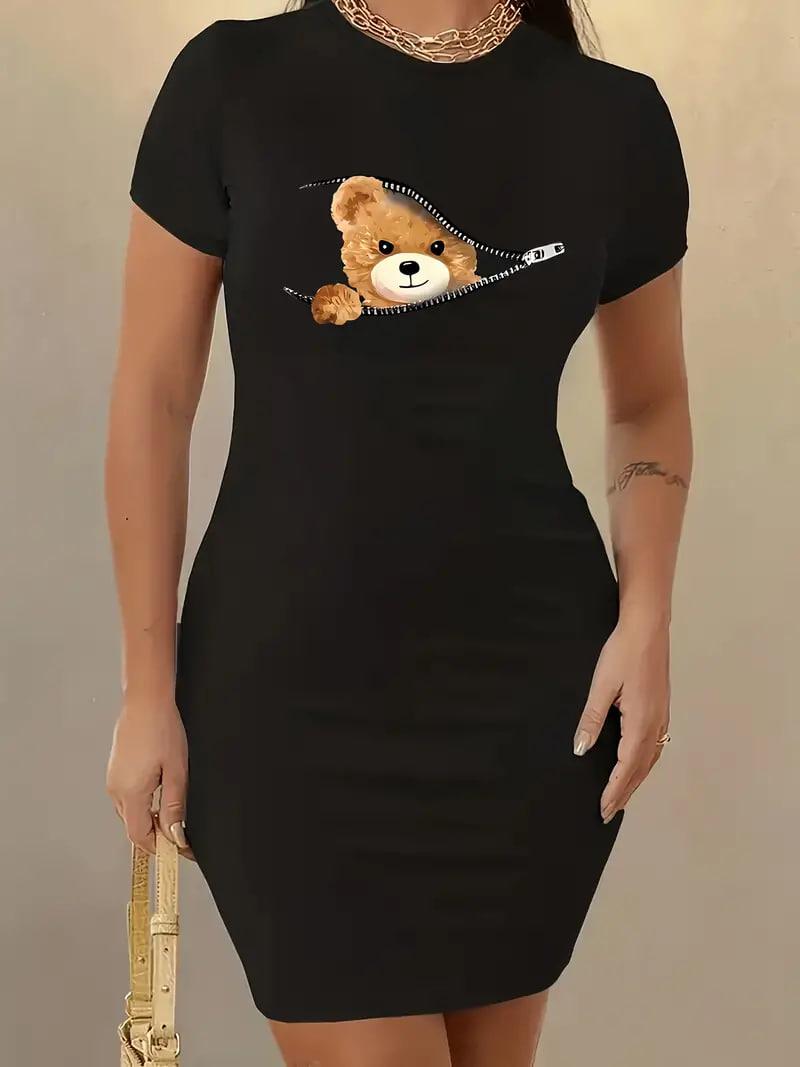 Жіноча облягаюча міні сукня з принтом ведмедика, фото 1