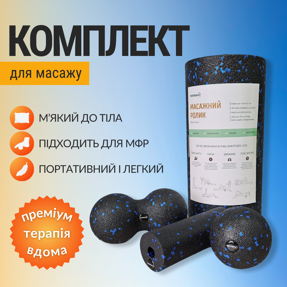 Комплект Мфр масажні ролики для масажу спини рук ніг мфр валики для міофасціального релізу Синій (SET)