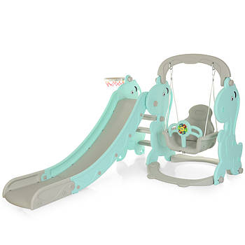 Дитяча гірка-гойдалка Динозаврик з баскетбольним кільцем та м'ячем Bambi YG2020-2-4 Сіро-м'ятний