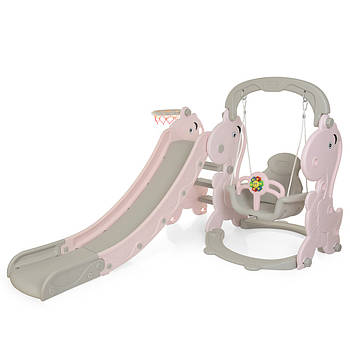 Дитяча гірка-гойдалка Динозаврик з баскетбольним кільцем та м'ячем Bambi YG2020-2-8 Сіро-рожева