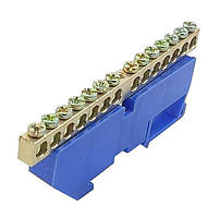 Шина нульова N на DIN-рейку ШЛІ 6х9 14 отворів із ізолятором синя