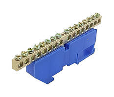 Шина нульова N на DIN-рейку ШЛІ 6х9 16 отворів із ізолятором синя