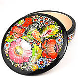 Скринька дерев'яна кругла Петриківський розпис ручної роботи 15х6см СОЛОВЕЙ у КВІТАХ Український сувенір, фото 2