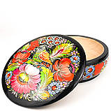 Скринька дерев'яна кругла Петриківський розпис ручної роботи 15х6см СОЛОВЕЙ у КВІТАХ Український сувенір, фото 3