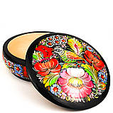 Скринька дерев'яна кругла Петриківський розпис ручної роботи 15х6см СОЛОВЕЙ у КВІТАХ Український сувенір, фото 4