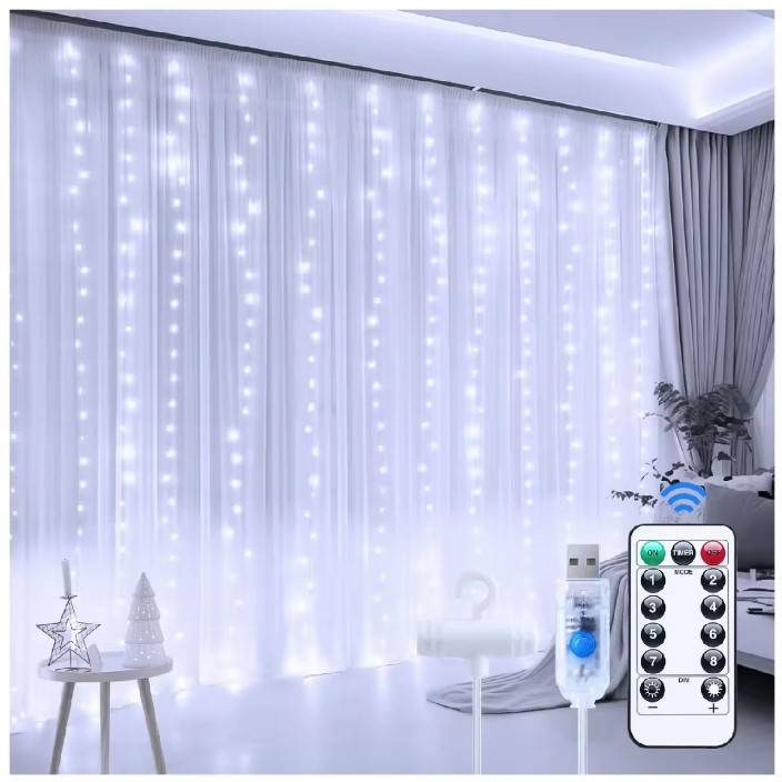 Гірлянда штора Sun Lamp великі краплі роси 3х2.5 метра 200 LED з пультом від USB от powerbank