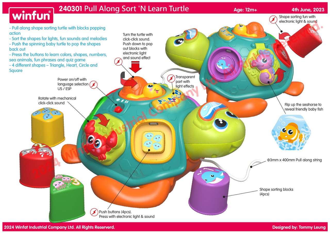Каталка 240301-NL (6шт) 22см, черепаха, сортер, звук, світло, на бат-ці, в кор-ці, 28,5-24-13см, фото 1