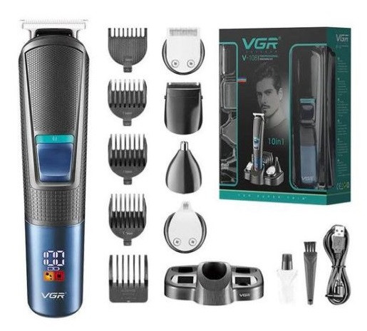 Набір для стрижки VGR V-108 10в1 Professional для догляду за волоссям, бородою, триммер для носа, 9 насадок, фото 1