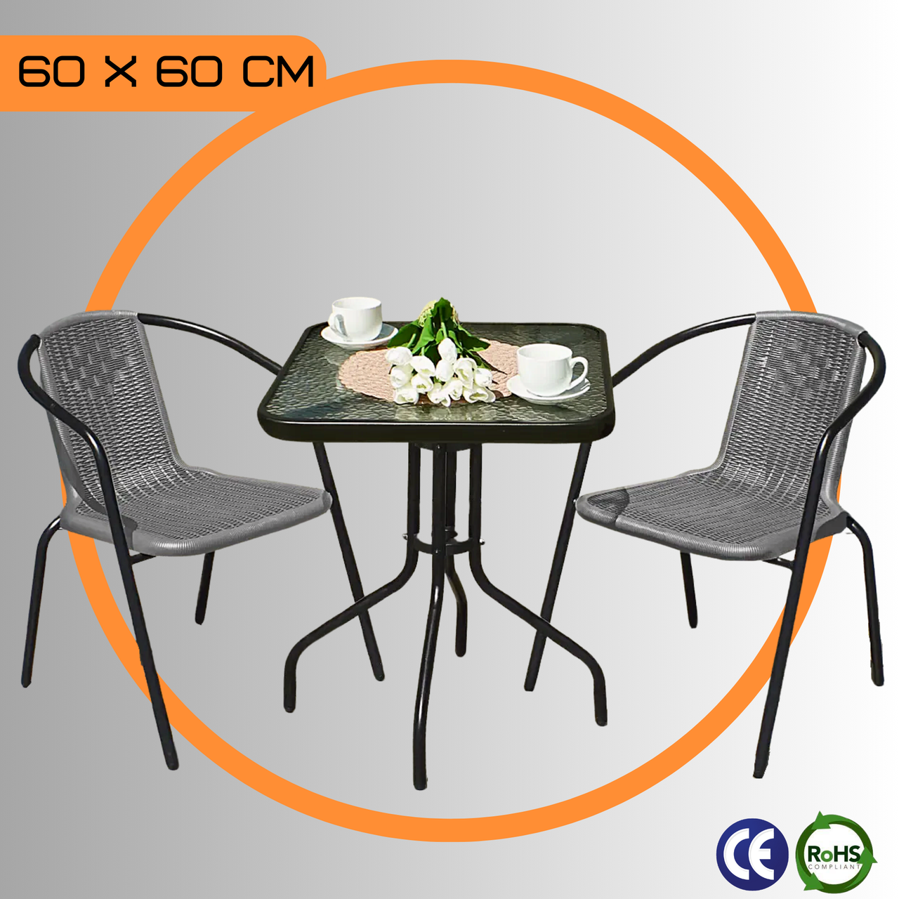 Комплект Садових Меблів Квадратний Стіл + 2 Стільці Kontrast Bistro-2 Сірий Набір Садових Меблів зі Штучного Ротангу Сірий