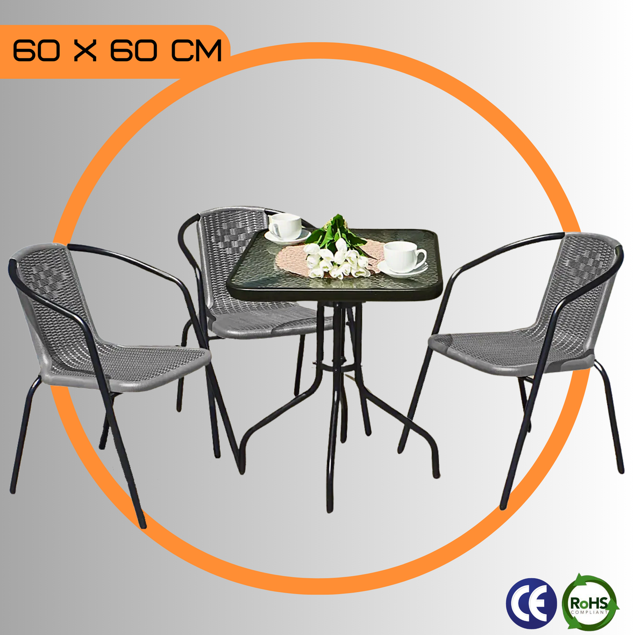 Комплект Садових Меблів Квадратний Стіл + 3 Стільці Kontrast Bistro-3 Сірий Набір Садових Меблів зі Штучного Ротангу Сірий