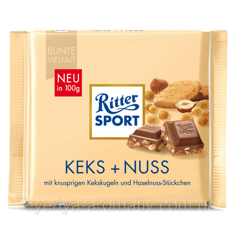 Шоколад молочный с кусочками орехов и печенья Ritter Sport Keks + Nuss 100 г Германия - фото 1 - id-p430827543