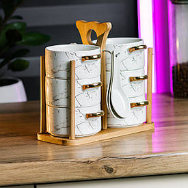 Суповий сервіз набір бульйонниць 6 штук по 300 мл з ложками на дерев'яній підставці тарілки для супу кераміка