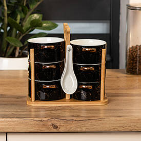 Набір бульйонниць 6 штук по 250 мл з ложками на дерев'яній підставці суповий сервіз