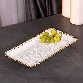 Прямокутна тарілка 30.5×16×2.5 см блюдо плоске для закусок біле із золотим обідком