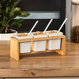 Набір для спецій та соусів на дерев'яній підставці з ложками та кришками 3 в 1