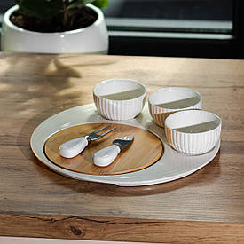 Набір для нарізання сиру Ø 29 см керамічна тарілка, ніж, виделка, 3 піали, дерев'яна дошка