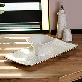 Прямокутна тарілка 35×19 см блюдо плоске сервірувальне із золотим візерунком