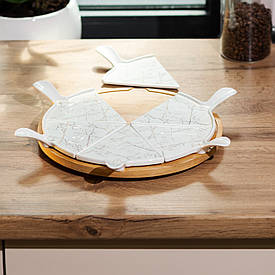 Тарілка для піци 28 (см) керамічна на бамбуковій підставці секційна