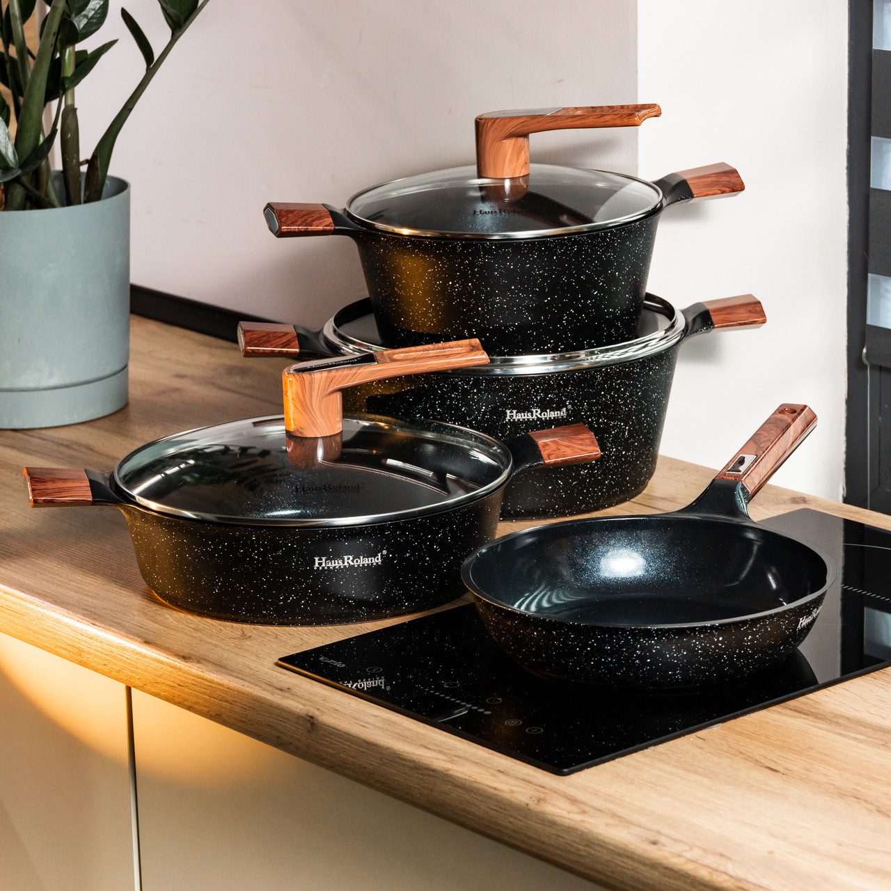 Набір каструль з кришками та пательня з антипригарним покриттям чорний, фото 1