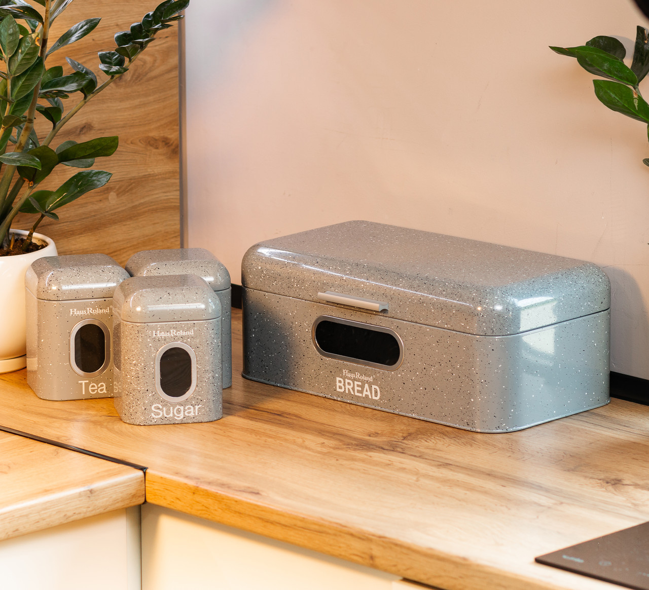 Хлібниця з банками для зберігання сипучих продуктів 3 шт по 1 літру набір сірий, фото 1