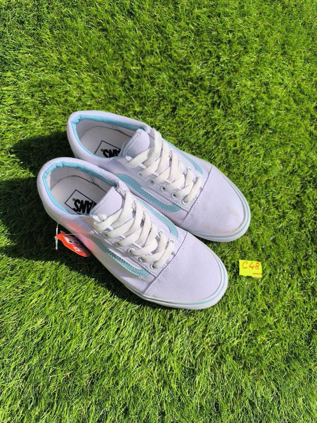 СКИДКА 39 р Кеди БІЛІ з блакитною смугою Vans Old Skool WHITE / Light Blue кросівки 2024 унісекс, фото 1