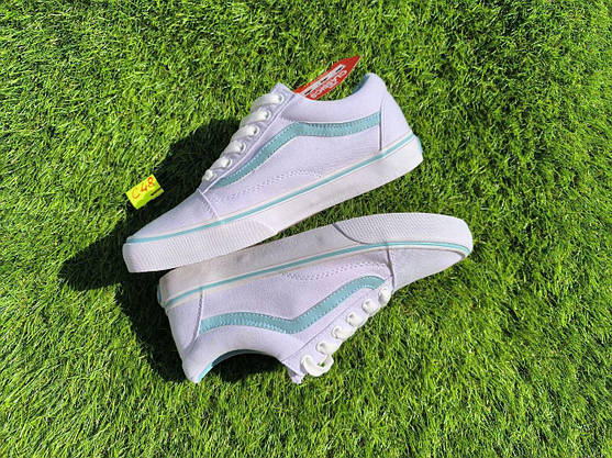 СКИДКА 39 р Кеди БІЛІ з блакитною смугою Vans Old Skool WHITE / Light Blue кросівки 2024 унісекс, фото 5