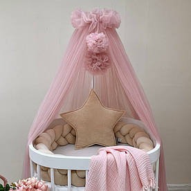 Балдахін на дитяче ліжечко з Помпонами пудровий сіточка 1.65х9 метри