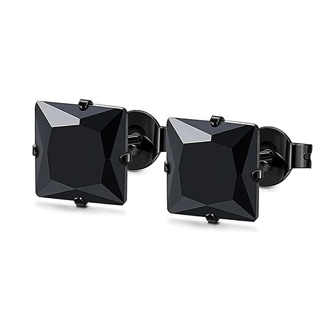 Жіночі чоловічі чорні сережки гвоздики з чорними квадратними кристалами з нержавіючої сталі, фото 1