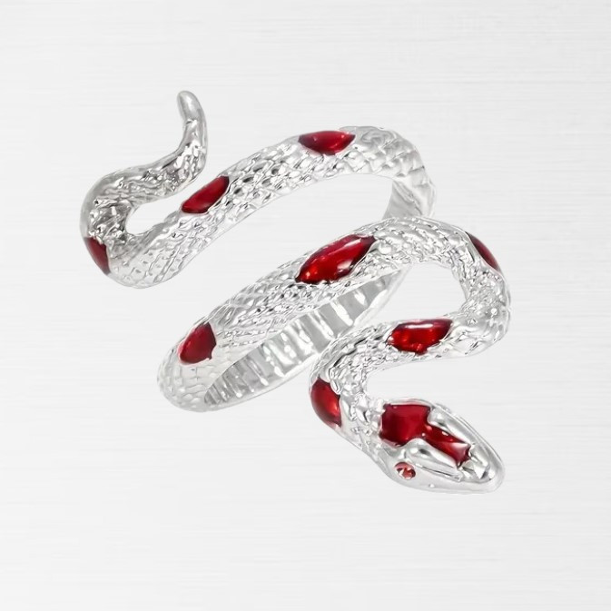 Каблучка срібляста жіноча у вигляді змії з червоною лускою розмір регульований AurumLux104, фото 1