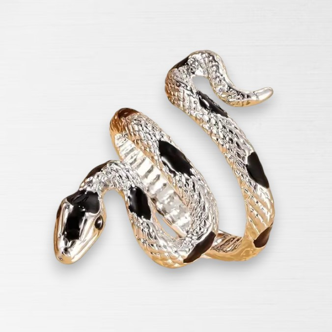 Каблучка срібляста жіноча у вигляді змії з чорною лускою розмір регульований AurumLux103, фото 1