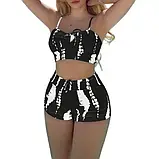 Жіночий купальник чорно білий шорти і топ з чашками на зав'язках, фото 5